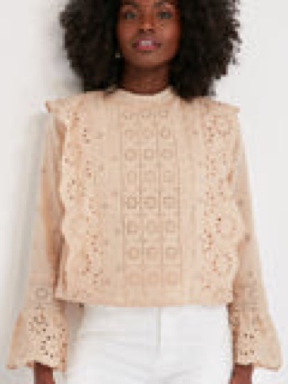 Womens Beige Eyelet Ruffle Long-Sleeve Blouse